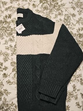 American Eagle Outfitters Dark Green and Cream Cable Knit Sweater